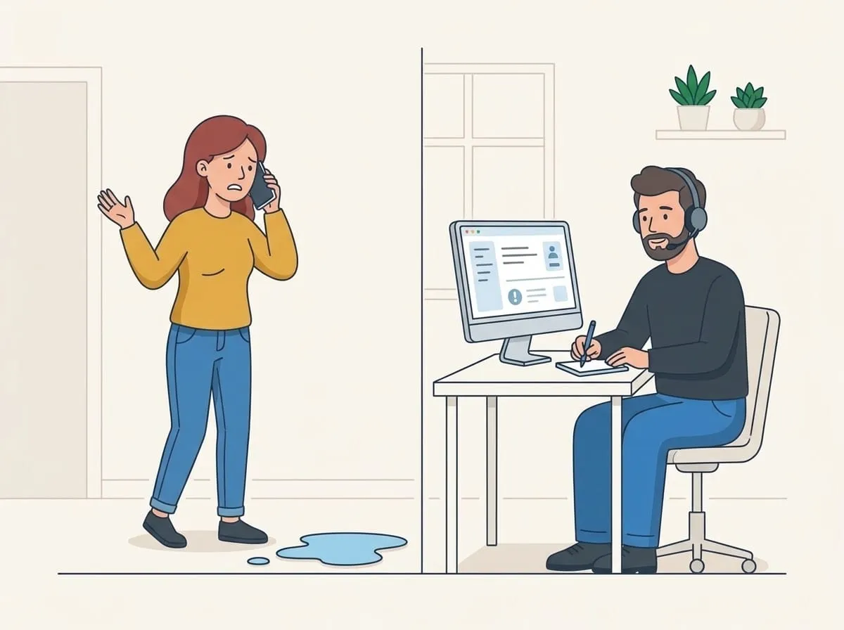 Illustration: Die Kundin schildert dem Notdienst am Telefon den Wasserschaden