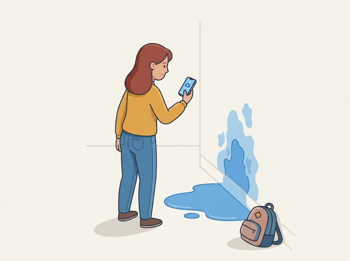 Illustration: Die Kundin fotografiert die nasse Wand und den Boden mit dem Smartphone