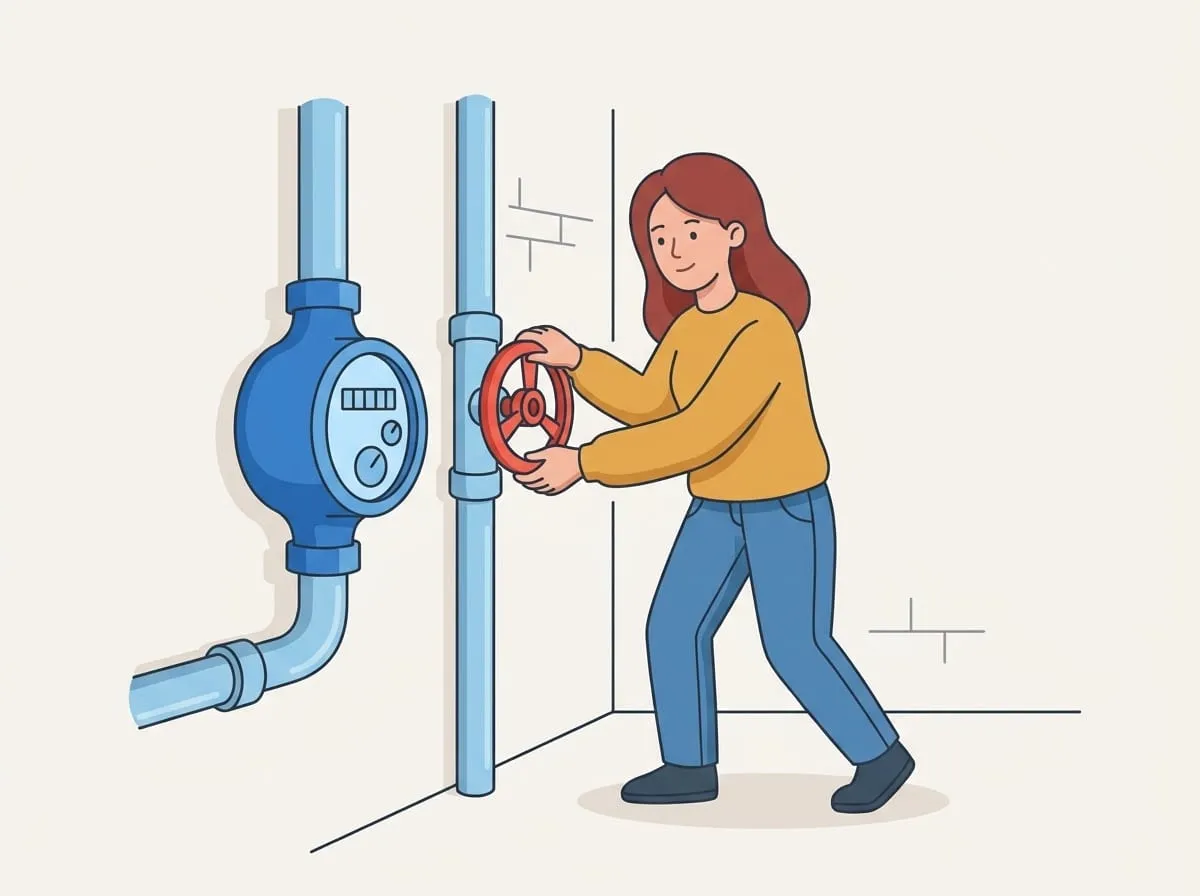 Illustration: Die Kundin dreht im Keller den Haupthahn am Wasserzähler zu