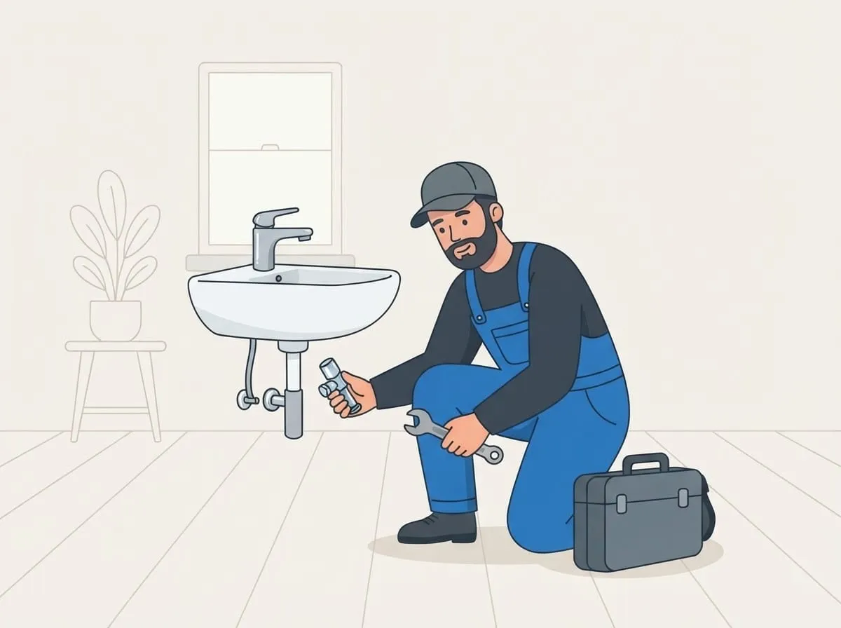 Illustration: Der Monteur tauscht unter dem Waschbecken ein Eckventil aus