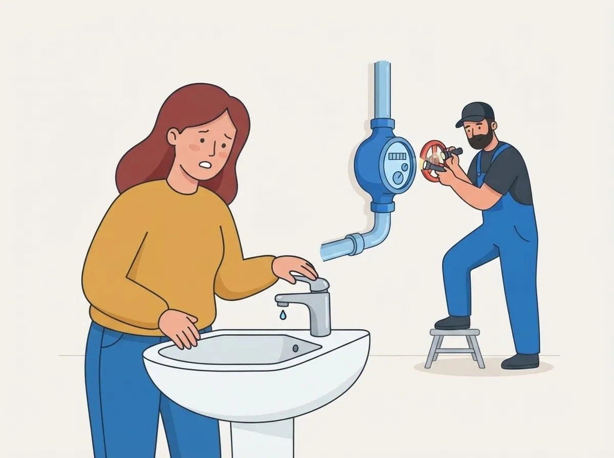 Illustration: Die Kundin dreht den Hahn auf und es kommt kein Wasser, der Monteur prüft den Wasserzähler