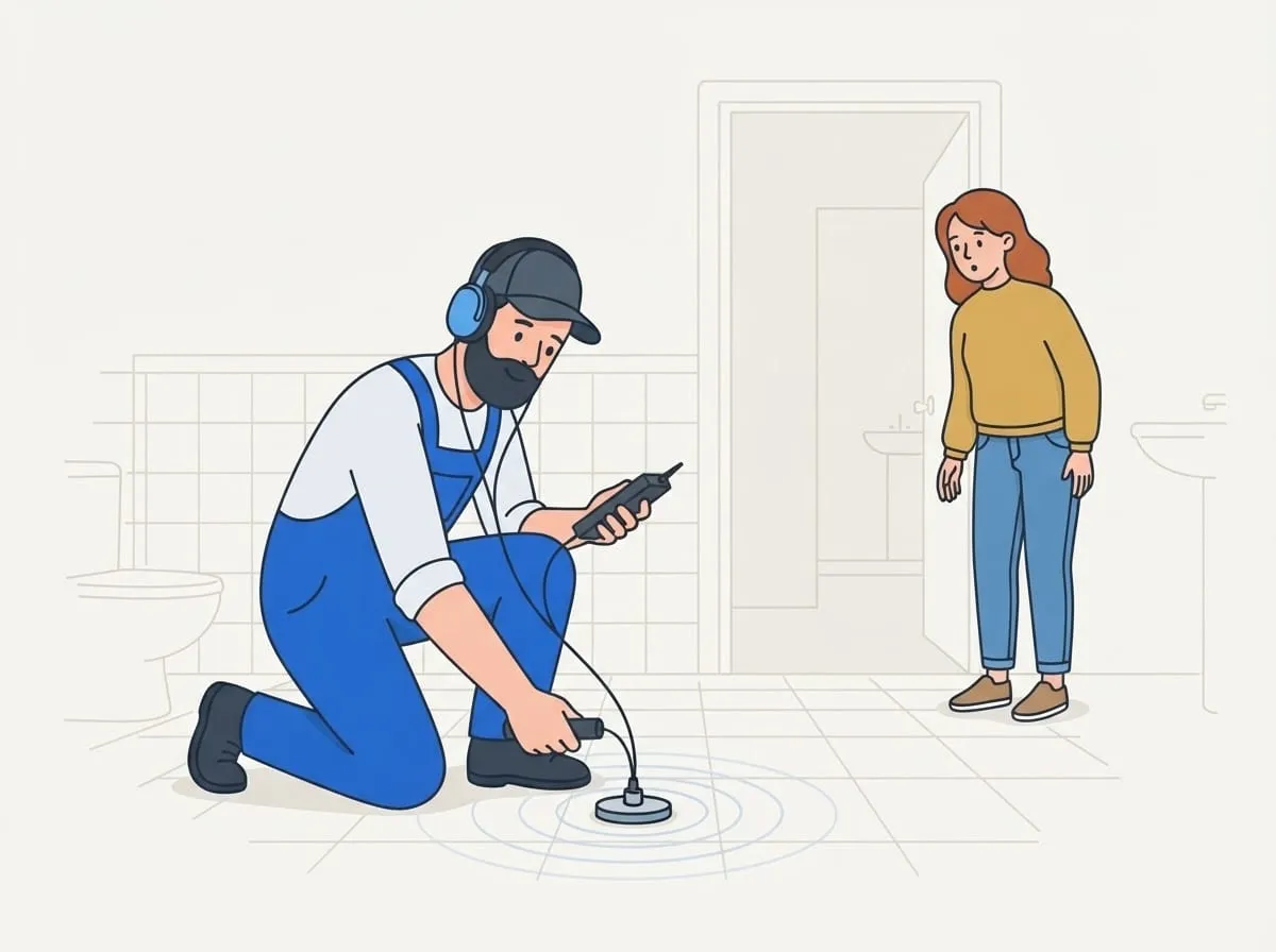 Illustration: Der Monteur ortet mit Kopfhörer und Sonde ein Leck unter dem Badezimmerboden