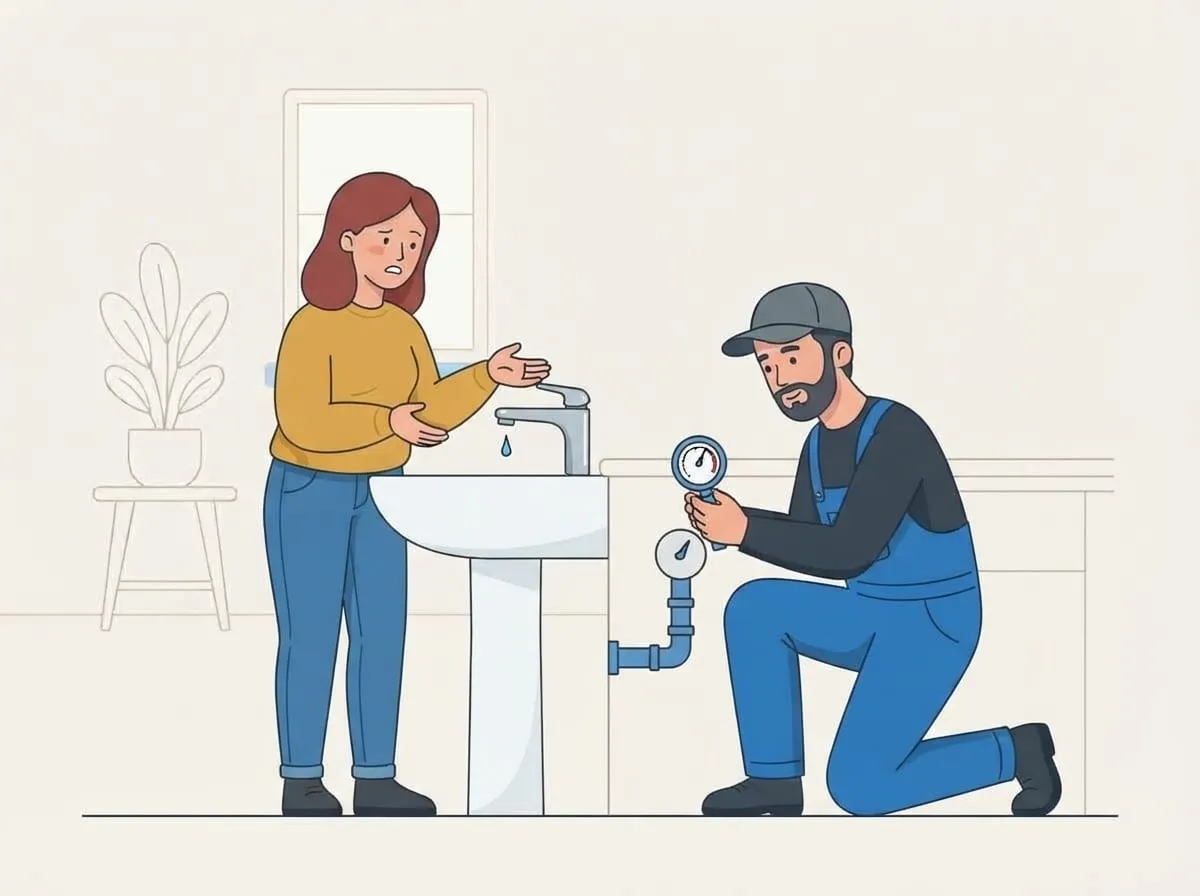 Illustration: Aus dem Hahn kommt nur ein dünner Strahl, der Monteur liest das Manometer ab
