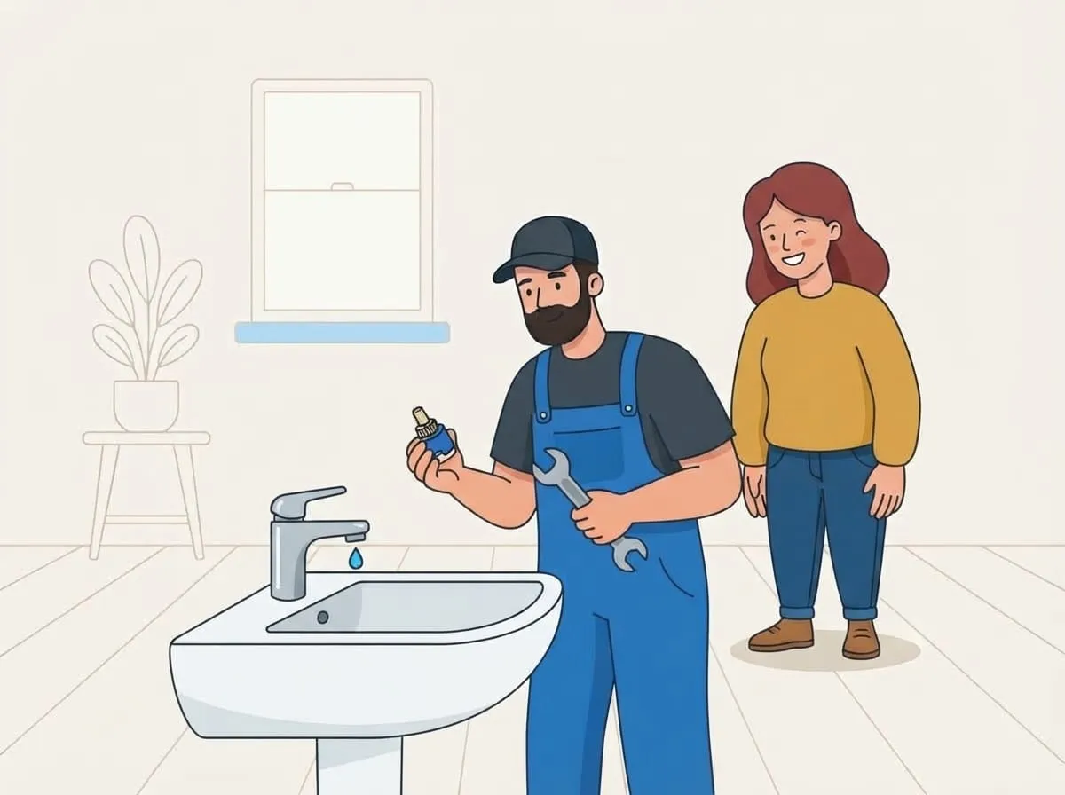 Illustration: Der Monteur repariert einen tropfenden Wasserhahn am Waschbecken