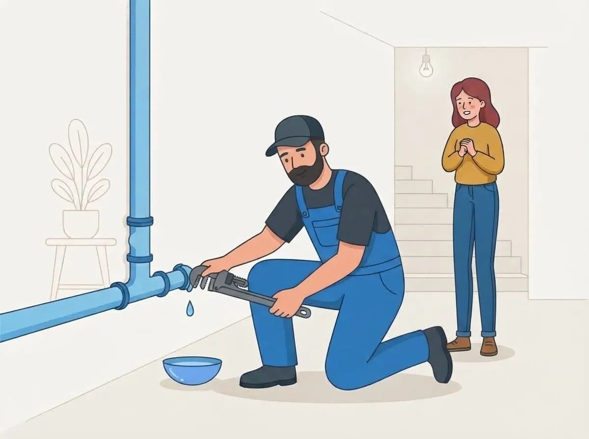 Illustration: Der Monteur dichtet eine tropfende Wasserleitung im Keller ab
