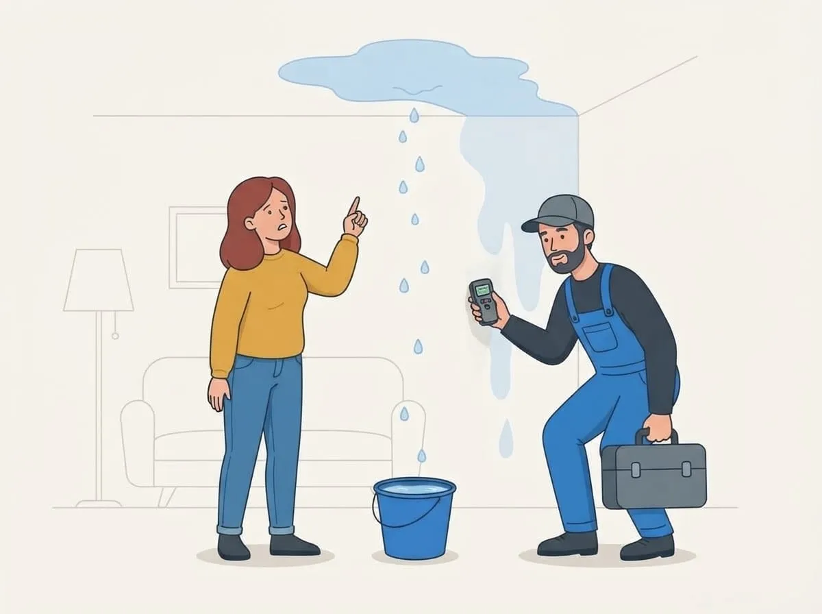 Illustration: Wasser tropft von der Decke in einen Eimer, der Monteur misst die Feuchtigkeit der Wand