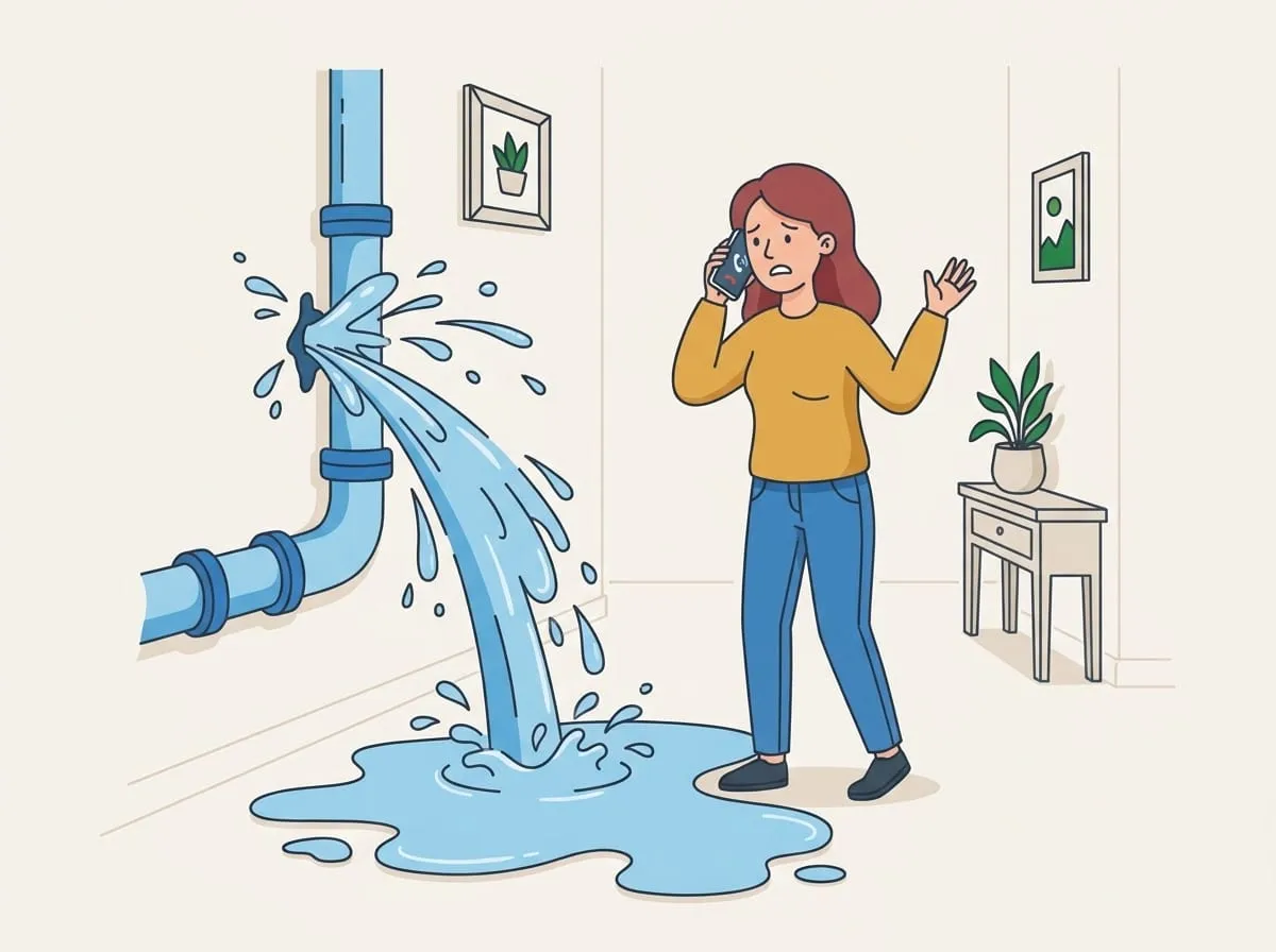 Illustration: Im Flur spritzt Wasser aus einem Rohr, die Kundin ruft besorgt den Notdienst an