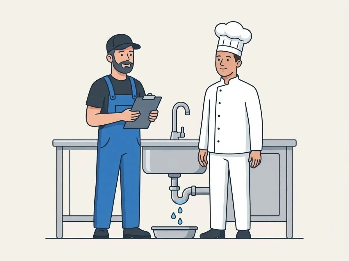 Illustration: Der Monteur bespricht mit einem Koch den Wasserschaden in einer Restaurantküche