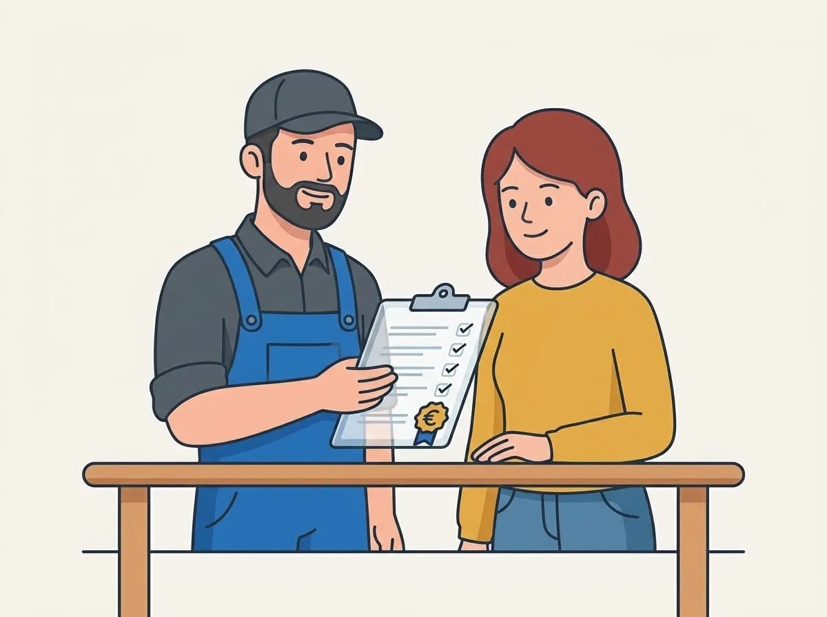 Illustration: Monteur und Kundin besprechen den Festpreis am Klemmbrett