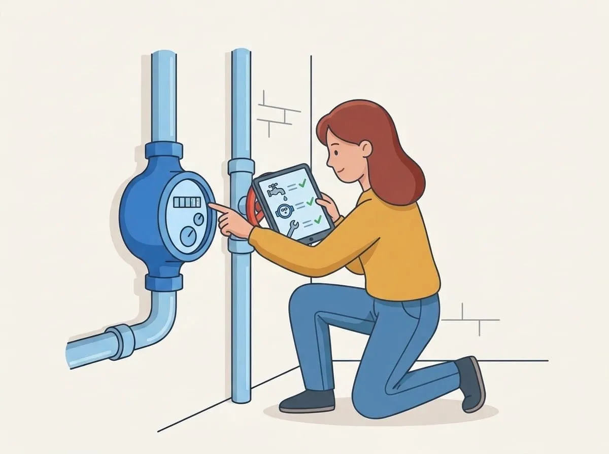 Illustration: Die Kundin liest neben dem Wasserzähler eine Anleitung auf dem Tablet