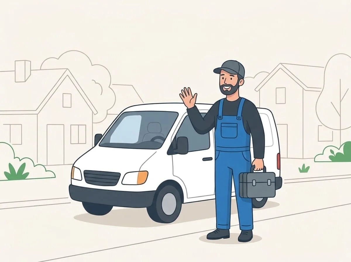 Illustration: Der Monteur steht mit Werkzeugkoffer freundlich winkend vor seinem Transporter