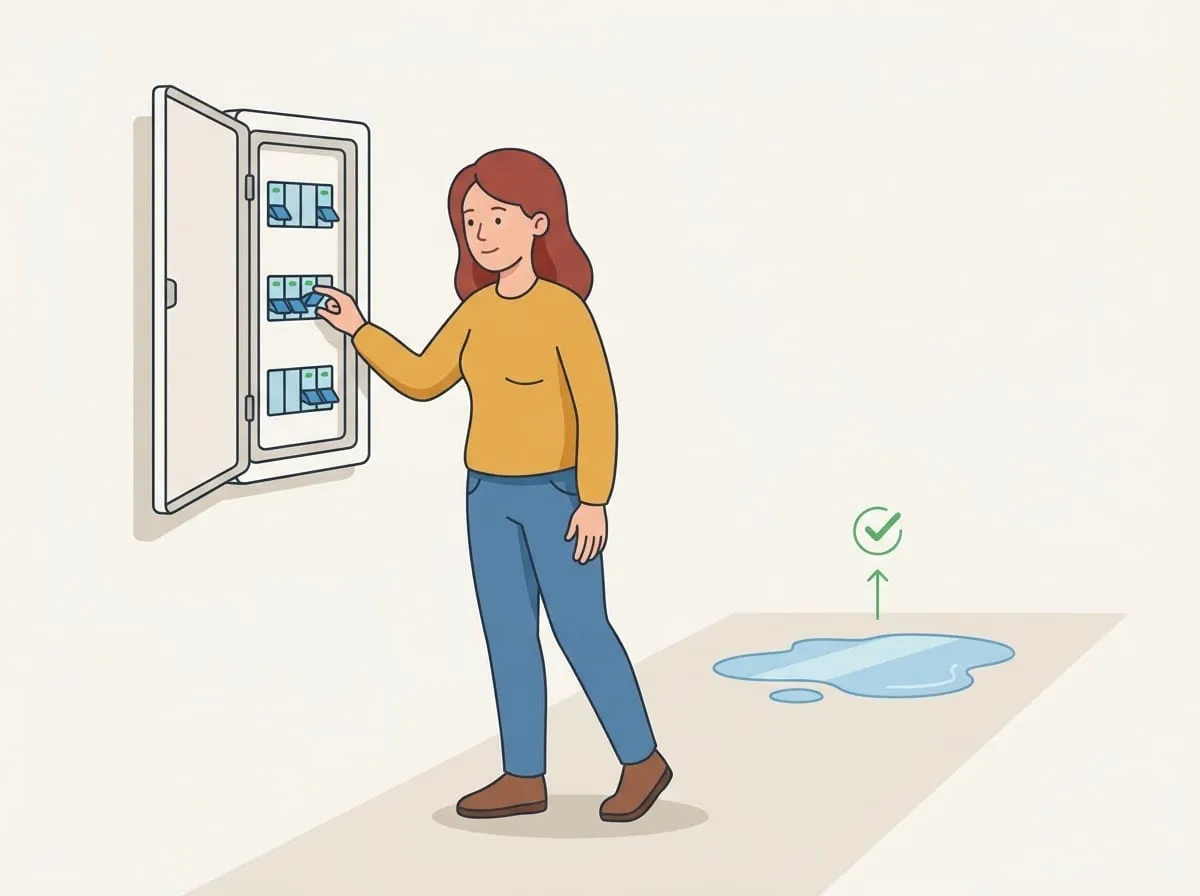 Illustration: Die Kundin schaltet am Sicherungskasten den Strom der nassen Räume ab